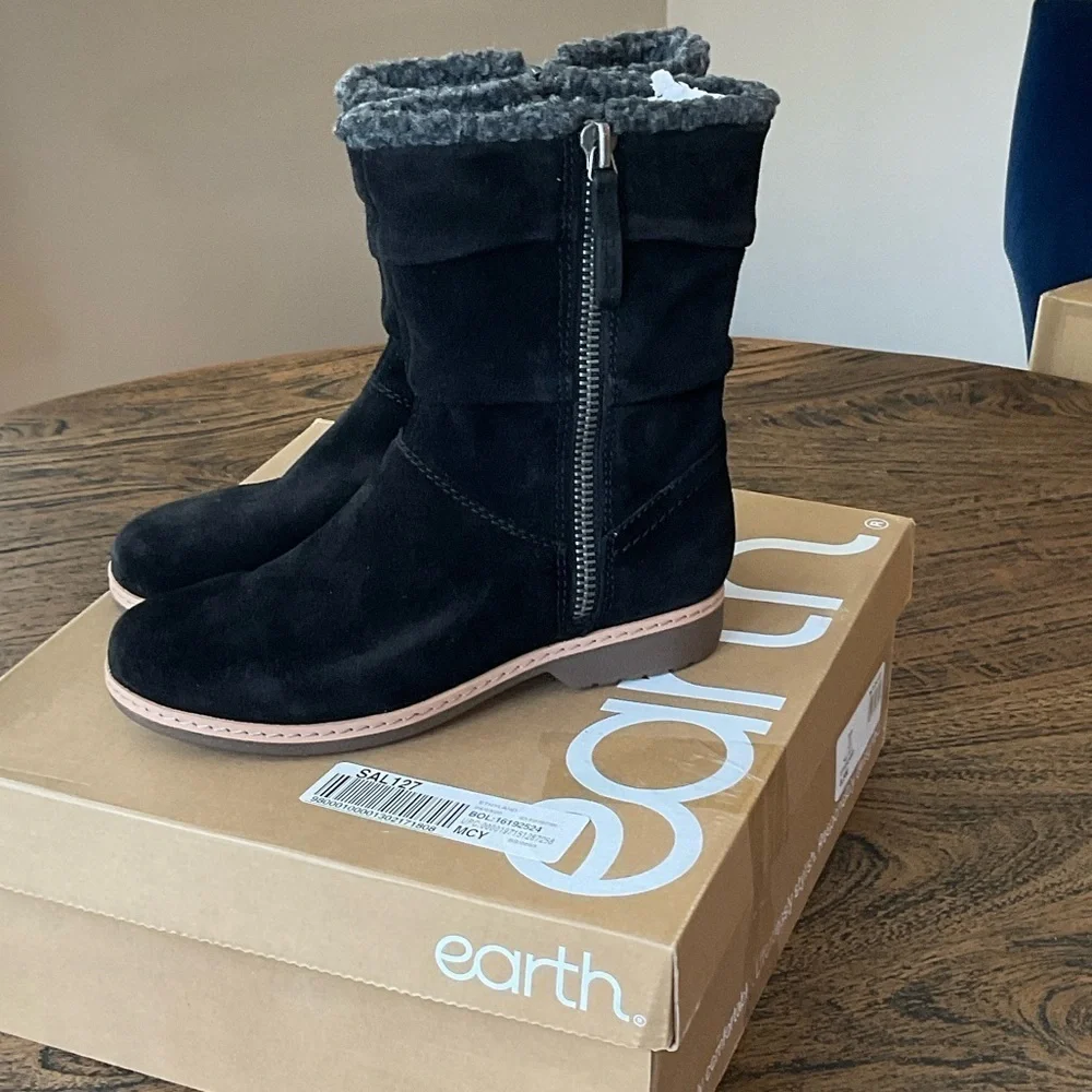 Earth Black Suede Boots with Faux Fur Trim
